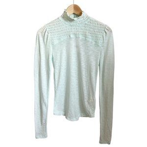 Free People Pale Mint Smocked High Neck Long Sleeve Top